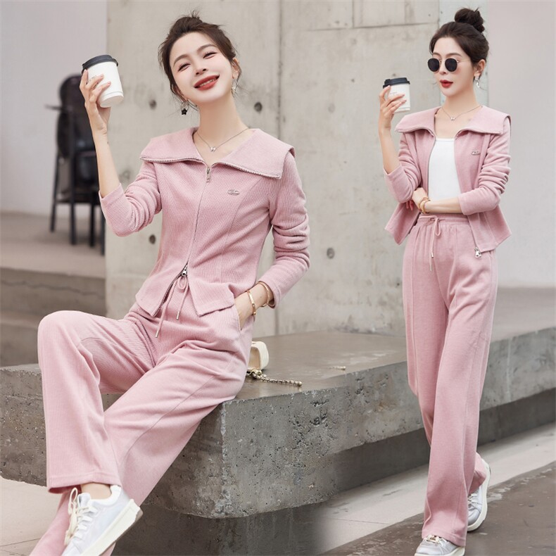 【现货】针织休闲两件套女2024春季新款气质时尚大翻领长款套装潮，女装套装/套裙，梦懿尔