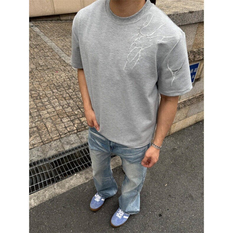荆棘刺绣短袖男夏季美式高街t恤cleanfit高级痞帅半袖WLT055-P35,男装T恤,星座1008