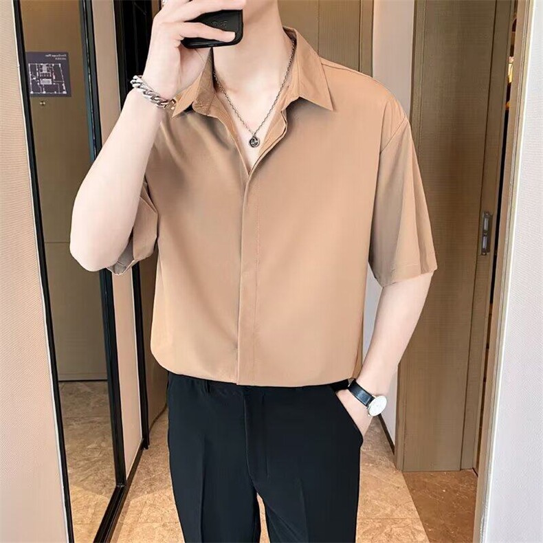 港风夏款男冰丝短袖衬衫暗按扣透气衬衣CS9P33,男装衬衫,星座1013-1
