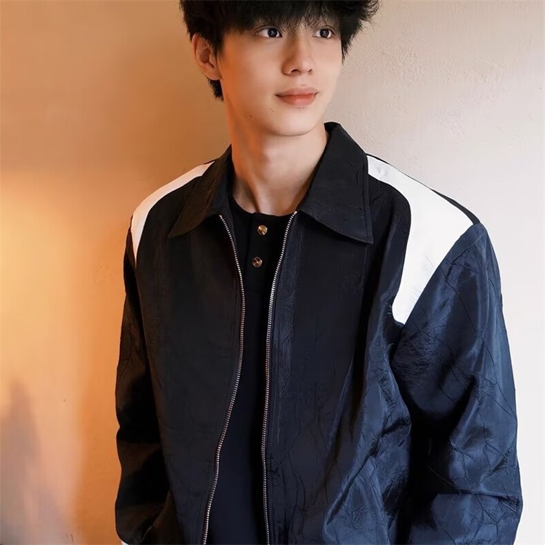 高级感撞色拼接褶皱夹克港风chic轻奢休闲飞行外套男生JKS06,男装夹克,星座516A