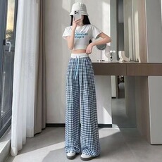 格子阔腿裤女夏季薄款小个子垂感宽松高腰休闲裤抽绳百搭拖地长裤，男装休闲裤，星座1210-1