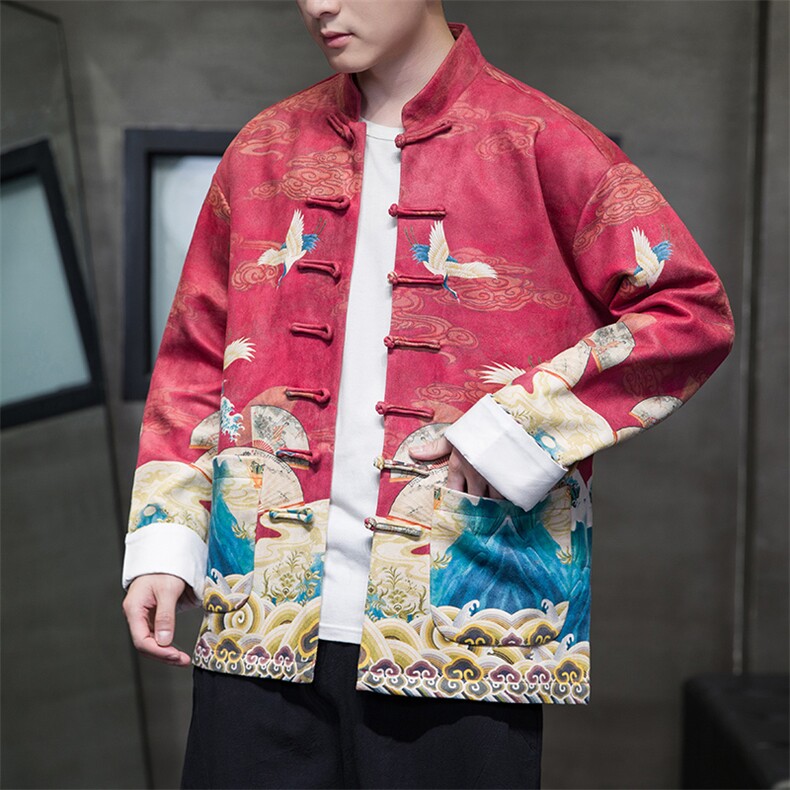 改良潮新中式手工盘扣鹿皮绒数码印花立领唐装外套男女款JK96，男装民族服装，星座305A（原312A-1）