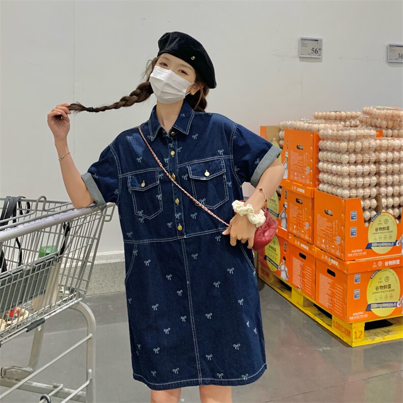182-8568-P125-K188-设计感蓝色蝴蝶结印花牛仔连衣裙,女装连衣裙,帛香坊
