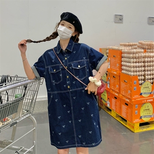 182-8568-P125-K188-设计感蓝色蝴蝶结印花牛仔连衣裙图片