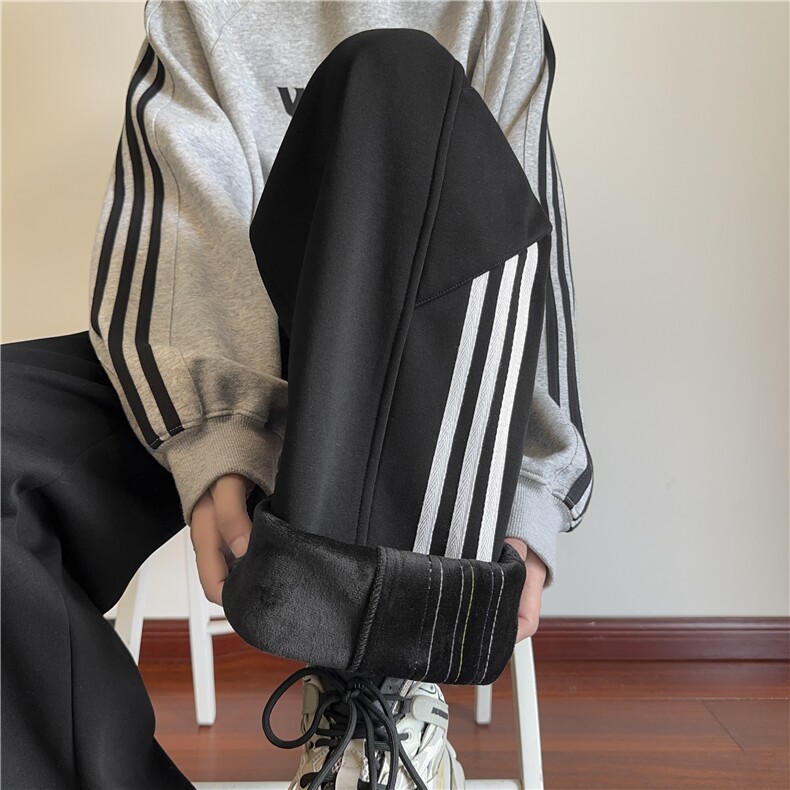 抖音品质冬季加绒潮流条纹宽松休闲卫裤B315-K24269JR-特p45控88，男装休闲裤，电商B315