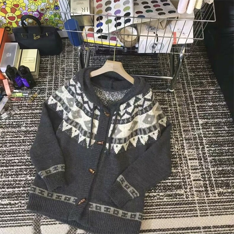 重磅秋冬北极绒开衫毛衣美式复古休闲慵懒风牛角扣针织衫连帽外套图片