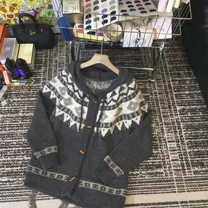 重磅秋冬北极绒开衫毛衣美式复古休闲慵懒风牛角扣针织衫连帽外套图片
