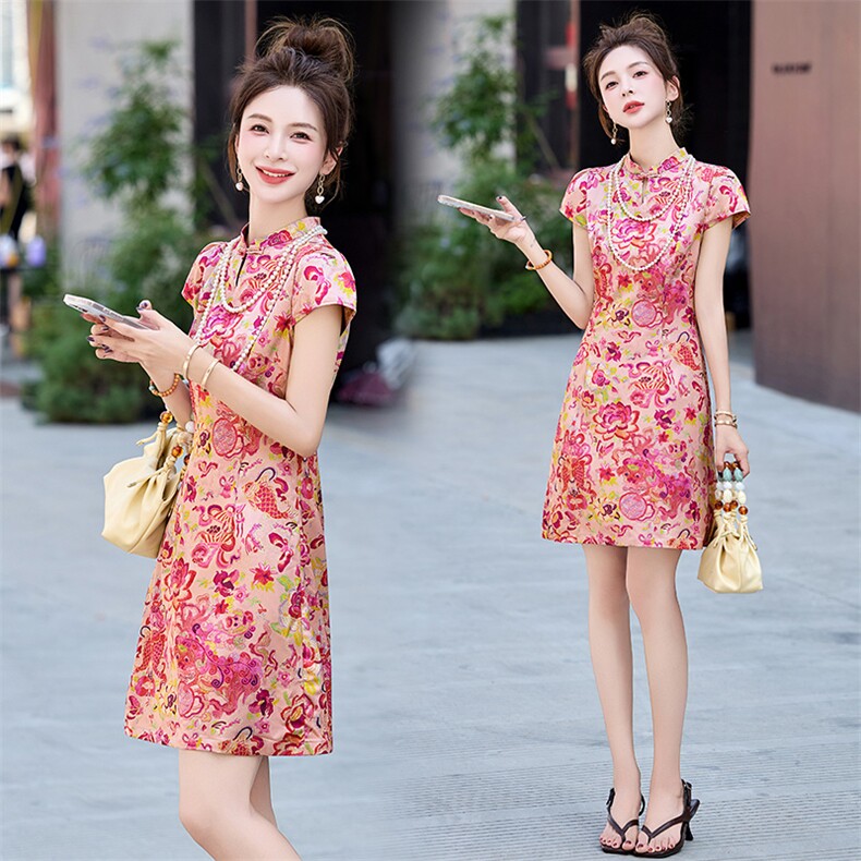 时尚连衣裙女夏季2026新款新中式盘扣立领提花小个子连衣裙,女装连衣裙,美沁