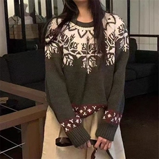 2025年秋季套头长袖拼色提花圆领时尚通勤休闲百搭，女装针织衫/毛衣，萱芳婷羊绒