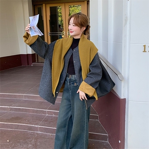 欧货拼色披肩毛呢短款外套女秋2025新款宽松显瘦小个子拉链夹克潮图片