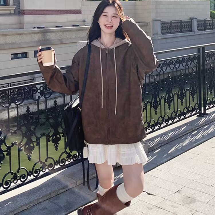 美拉德宽松bf慵懒风小皮衣女2025秋季新款美式设计感连帽拼接外套图片