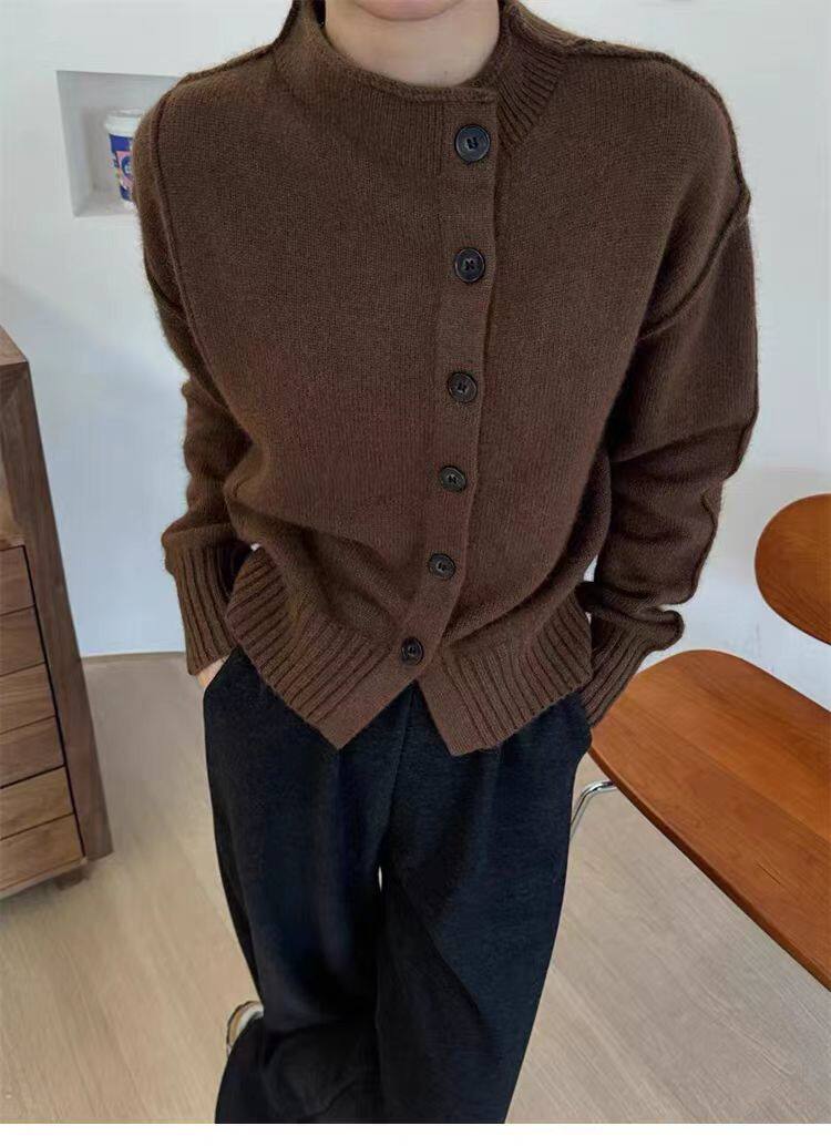 设计款不对称拼接立领针织开衫女秋冬宽松显瘦毛衣羊毛衫外套，女装羊毛衫，恒恩羊绒