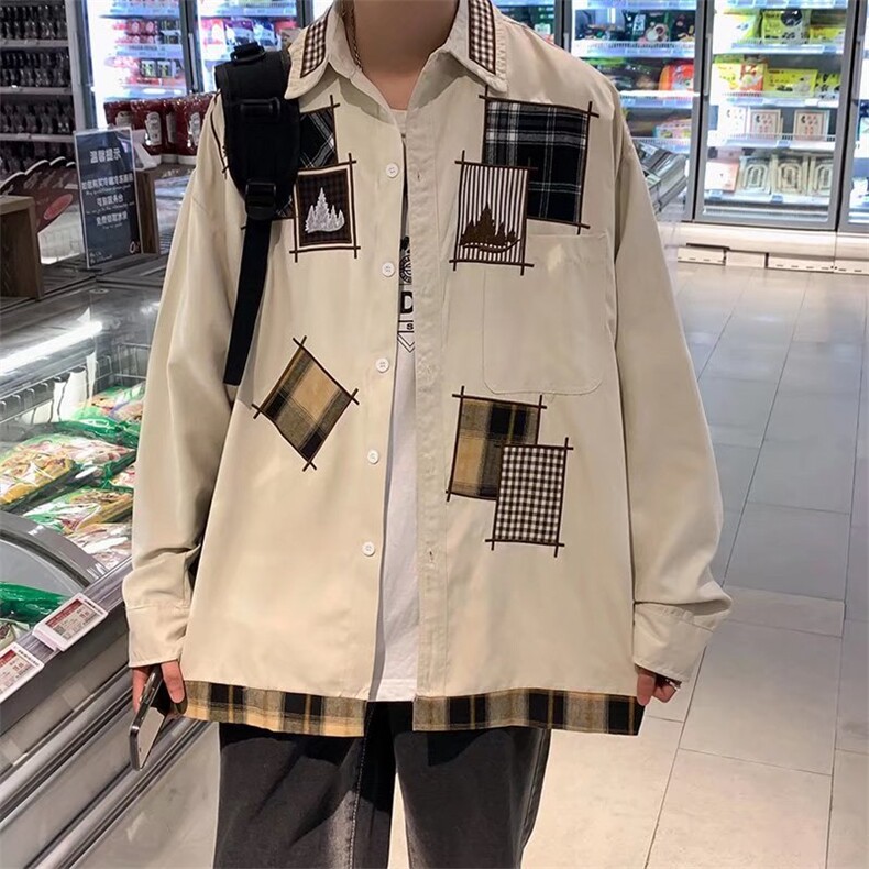 港风复古棒球服男春秋季图案拼接衬衫C81P35,男装衬衫,星座1116-2