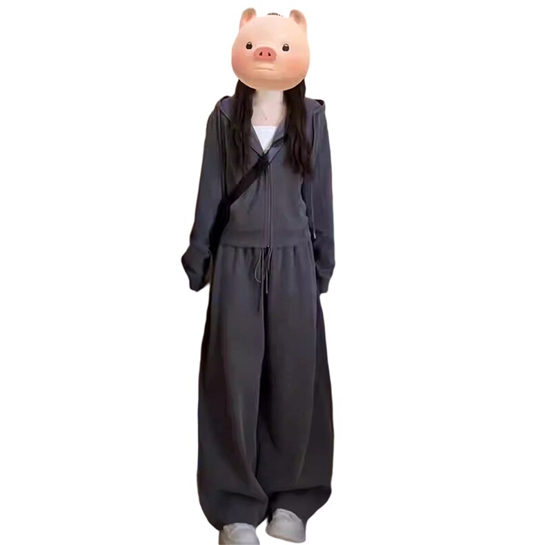 休闲时尚减龄套装女春季新款宽松显瘦灰色连帽卫衣阔腿长裤两件套,女装套装/套裙,2C310