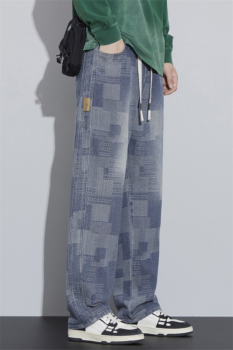 夏季美式复古水洗松紧抽绳牛仔裤男宽松直筒阔腿长裤9312#-P52,男装牛仔裤,电商A178