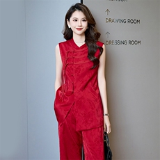 闺舍2025春新中式气质复古盘扣改良提花时尚洋气阔腿裤两件套女，女装套装/套裙，时尚俏佳人