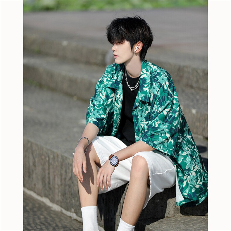 满印碎花衬衫短袖大码复古花卉衬衫夏威夷冰丝沙滩衬衣DC5016/P35,男装衬衫,电商B238