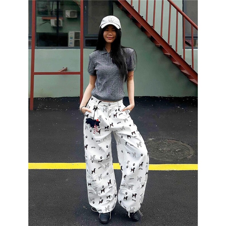 美式复古休闲裤女夏季新款小狗印花宽松直筒阔腿裤垂坠感显瘦长裤,女装休闲裤,星座1210-1