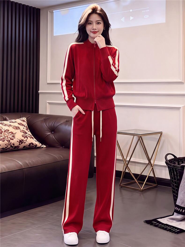 纯色运动套装女秋季新款时尚洋气高端拉链卫衣休闲阔腿长裤两件套,女装套装/套裙,江南