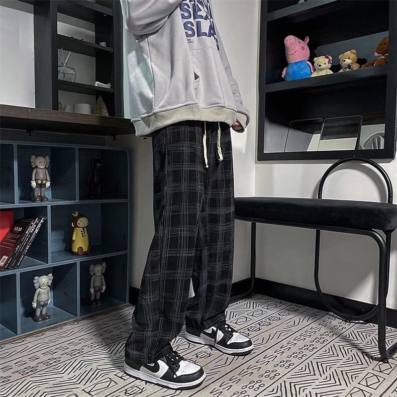 春季新款格子裤男潮牌ins高街阔腿休闲裤宽松直筒裤子k323-P35,男装休闲裤,星座1008-1