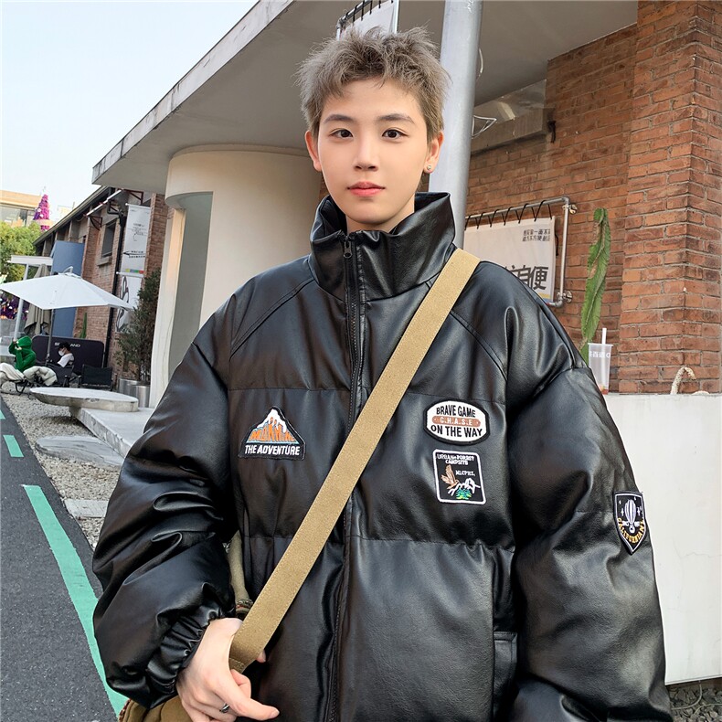 23冬装新款美式复古徽章皮棉服pu情侣棉衣面包服外套男D333P118,男装棉衣,电商A335-1（原A458）