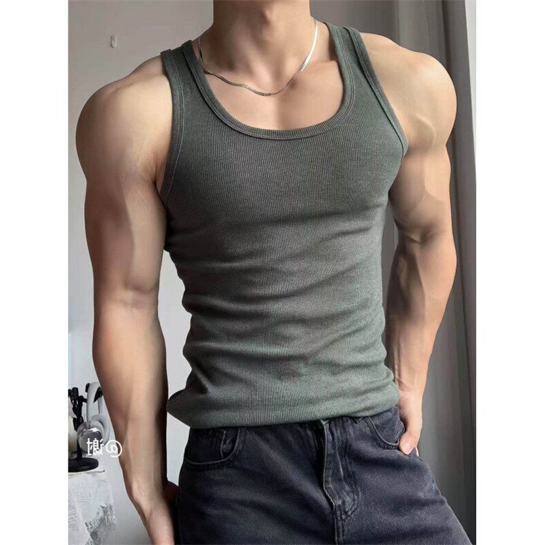 灰色重磅螺纹肌肉背心男款夏季健身运动跨栏无袖T恤健身显大汗衫图片