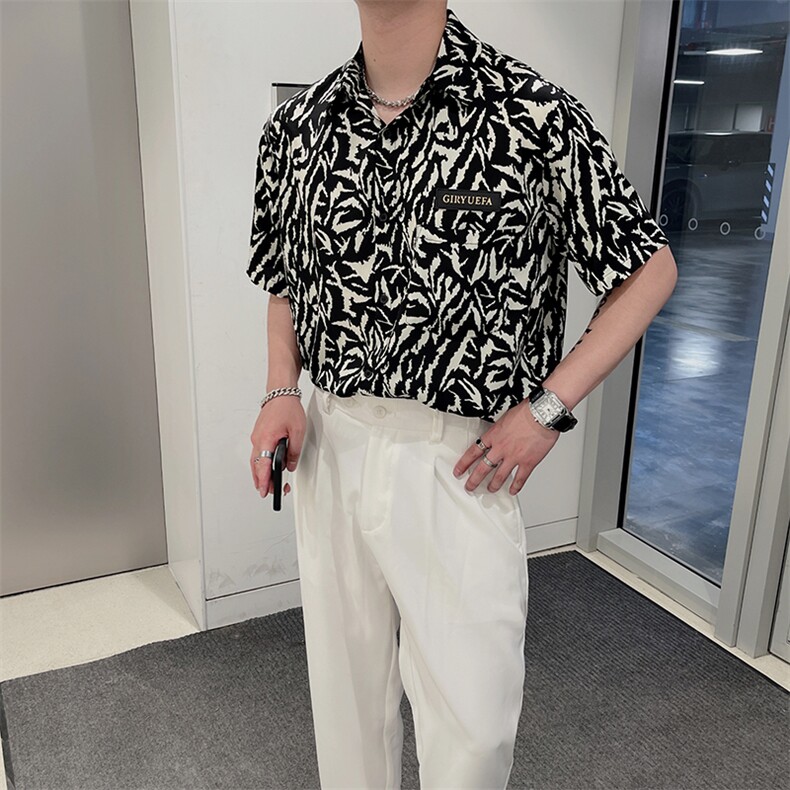 夏季高级感印花短袖衬衫男ins沙滩半袖花衬衫痞帅潮CS721-P55控79,男装T恤,电商B267