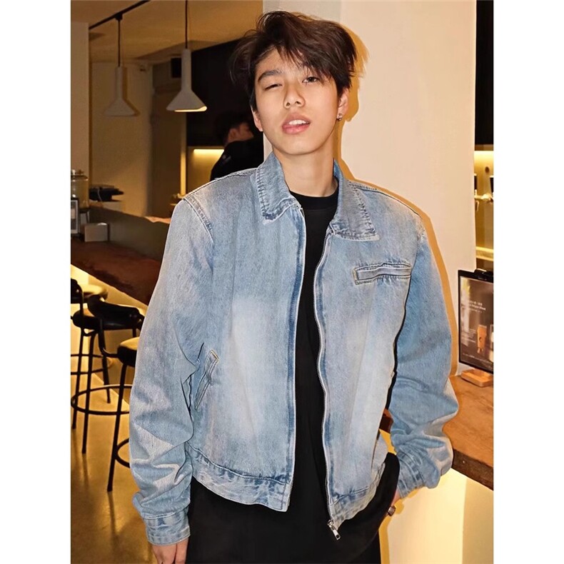 美式复古宽松牛仔外套男款春秋季vintage高级感翻领拉链短款夹克，男装工装外套，星座506A