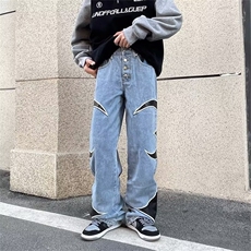 美式高街潮牌拼皮刺绣水洗牛仔裤男宽松阔腿休闲裤直筒裤P68，男装牛仔裤，四季星座218-1