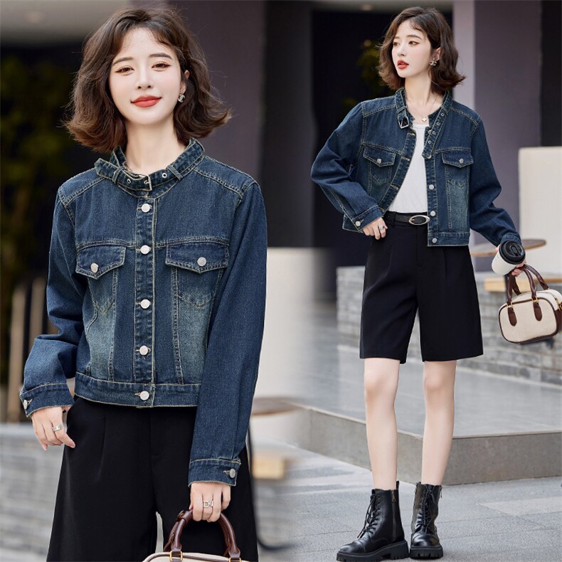 罗芬故事面料官网女装春秋新款时尚立领休闲上衣蓝色复古牛仔外，女装牛仔外套，依路服饰