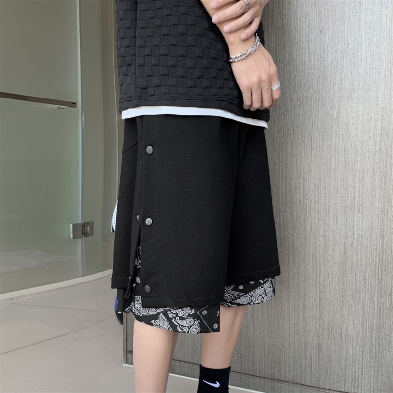 夏季五分裤假两件排扣腰果花短裤男嘻哈高街休闲裤子学生D874-P28,男装休闲裤,星座1008