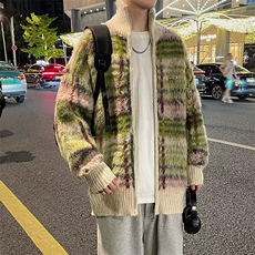 M56922025秋冬季复古拉链开衫毛衣宽松情侣条纹针织外套，男装针织衫/毛衣，星座1108