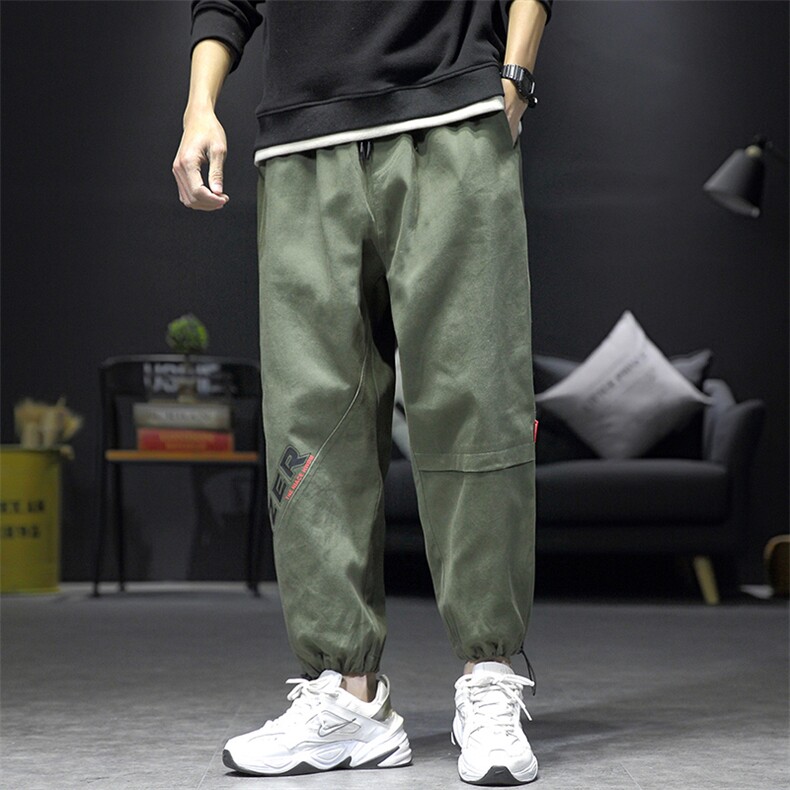 K190P30短句风2024春夏季休闲港风字母印花学生束脚九分裤哈伦裤，男装休闲裤，电商A026-1