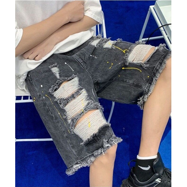 毛边破洞牛仔短裤男夏季潮牌ins宽松街头嘻哈漆点五分裤NK65,男装牛仔裤,星座1116A（原606A-3）