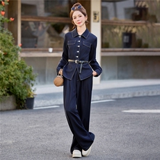 （新款现货）2026春装时尚收腰显瘦天丝牛仔阔腿腰带套装两件套，女装套装/套裙，印象茜