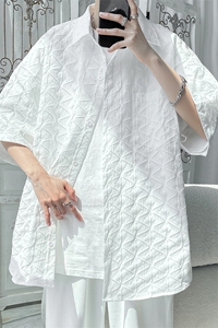 2023夏大码盐系潮牌肌理半袖衬衫男休闲宽松翻领短袖上衣C849-P45图片