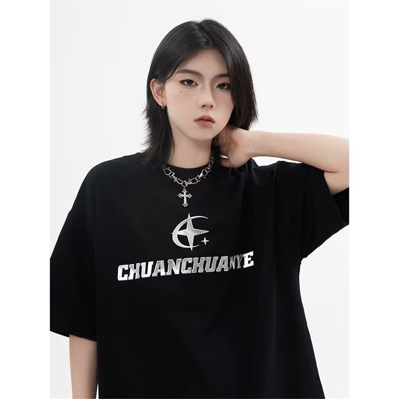 水洗做旧字母印花美式高街短袖t恤男女款2025新款情侣装上衣潮牌图片