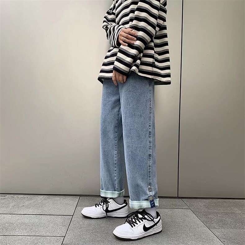 港风日系翻边阔腿牛仔裤男宽松直筒潮牌设计感休闲工装长裤子，男装牛仔裤，星座410-6（原星座1304-1）