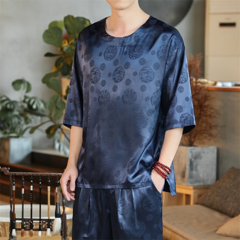 夏装风日系汉服男龙纹宽松大码冰丝短袖T恤上衣男装M141P35,男装T恤,钱塘788(原4013)