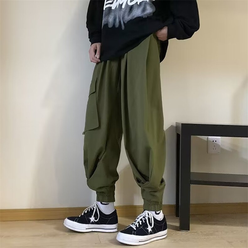 配马丁靴的裤子男日系cityboy束脚工装裤胖子大码高街阔腿灯笼裤图片