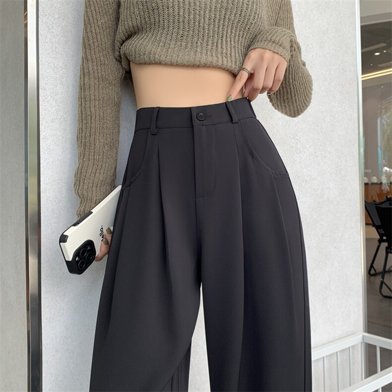 设计感咖色西装裤女2023秋新款高腰垂感小个子直筒休闲阔腿裤,女装休闲裤,梦白服饰厂