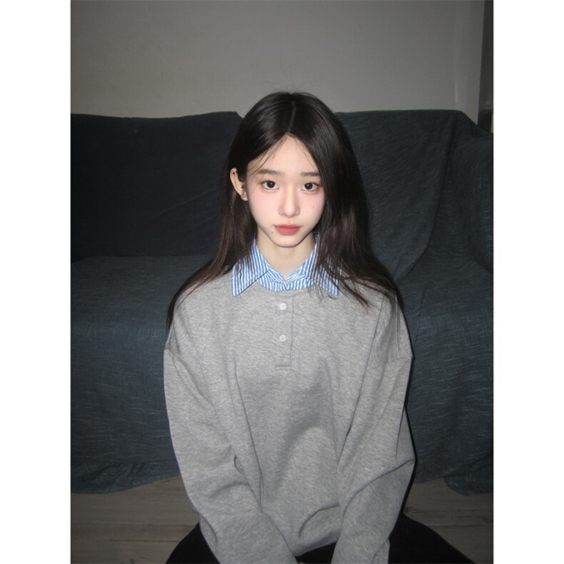 抖音得物高品质26春装美式高街假两件衬衫领长袖卫衣POLO领打底衫,男装T恤,电商A486