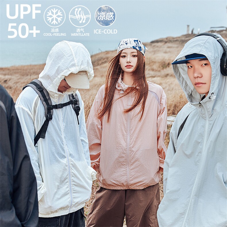 UPF50+凉感以太蓝防晒服女情侣夏季透气连帽防晒衣,男装夹克,电商A362