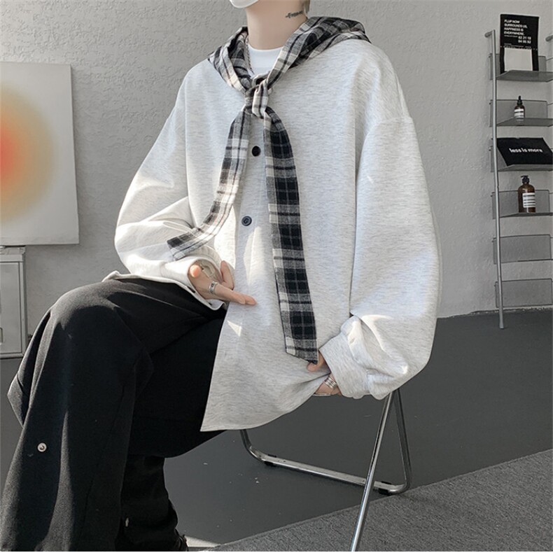 WY10143-特p49控88设计感高质感大帽子连帽格子撞色大码卫衣男,男装卫衣,电商A059