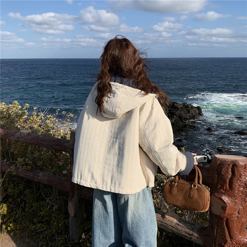 米白色复古格纹拼接连帽夹棉外套女2025韩系宽松休闲加厚保暖上衣,女装棉衣/棉服,2C326