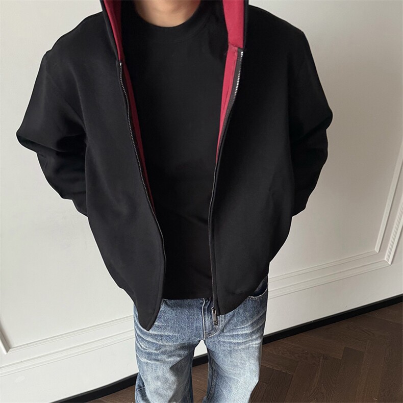 重磅高品质硬挺boxy26春装美式高街结构撞色拼接连帽卫衣开衫外套图片