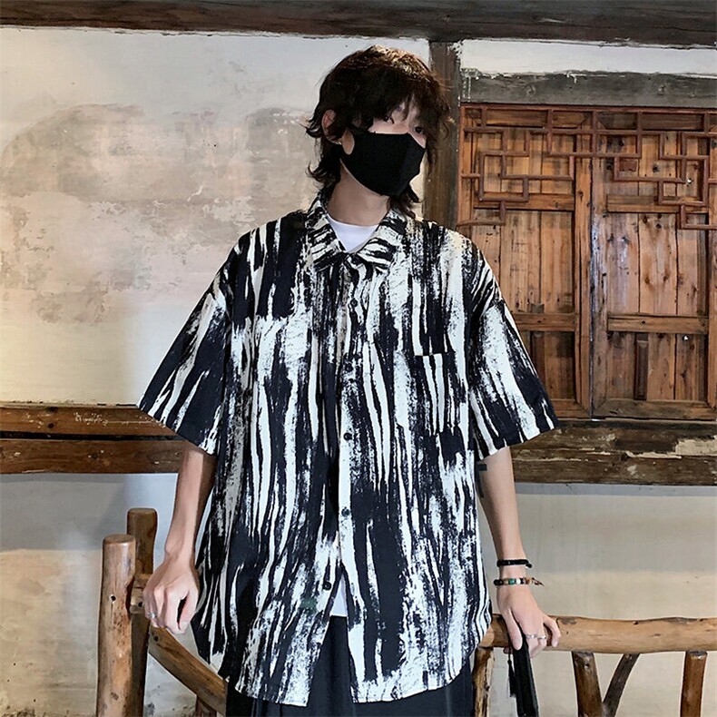 特批P25无差价25夏薄款冰丝设计感潮复古水墨画五分袖衬衫男CD891图片