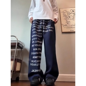 美式复古字母满印卫裤男款藏青色直筒裤子宽松bf慵懒风垂感休闲裤图片