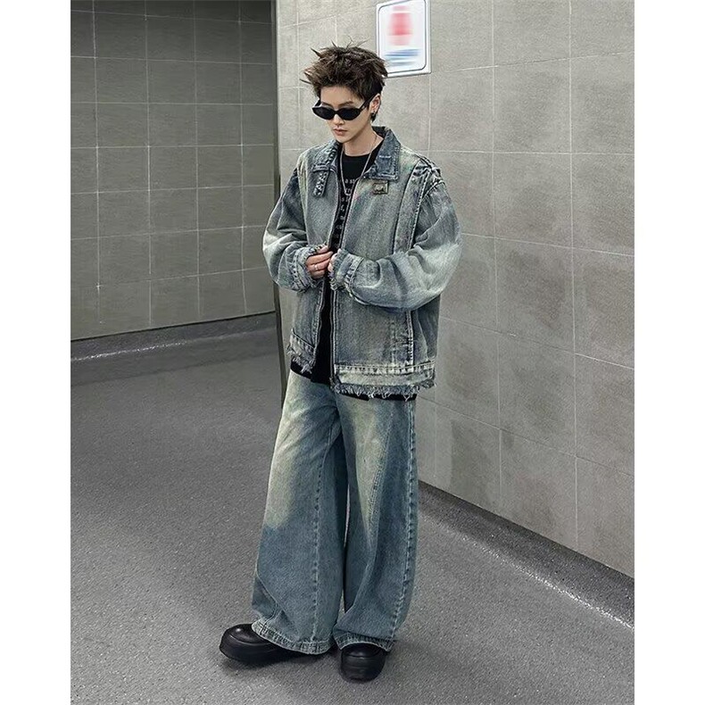 扎染立领牛仔外套男春秋款美式复古宽松休闲小众解构工装B27/P90,男装夹克,星座506