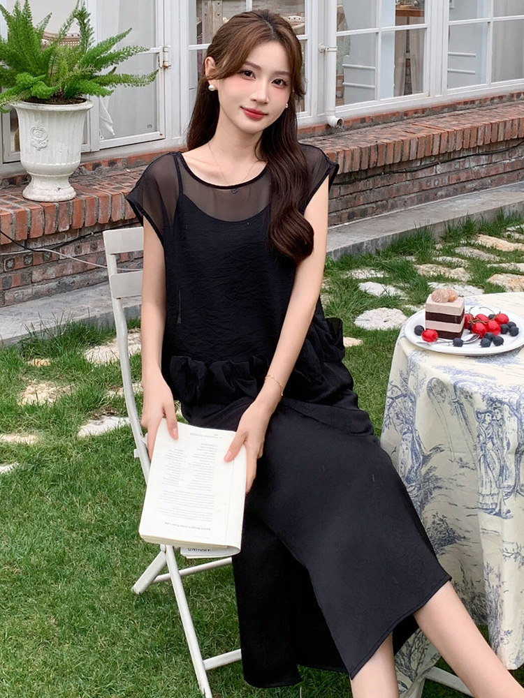 2025漂亮吊带连衣裙+网纱镂空上衣两件套夏天巨好看的套装女8876,女装套装/套裙,超帛